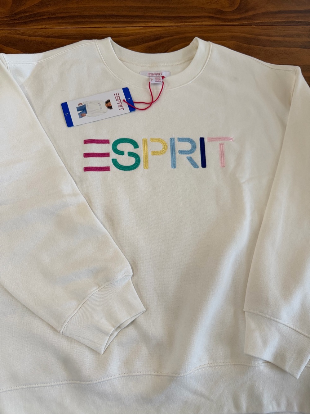 Esprit Women’s L Cream Logo Sweatshirt Multicolor Embroidered Crewneck NWT